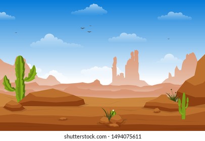 Beautiful Western Desert Landscape with Sky Rock Cliff Mountain Vector Illustration