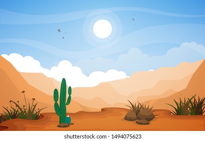 Beautiful Western Desert Landscape with Sky Rock Cliff Mountain Vector Illustration