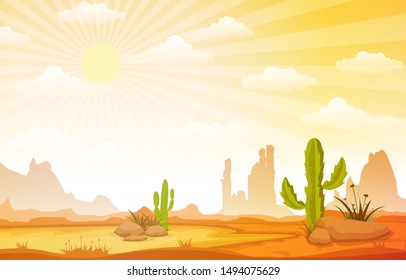Beautiful Western Desert Landscape with Sky Rock Cliff Mountain Vector Illustration