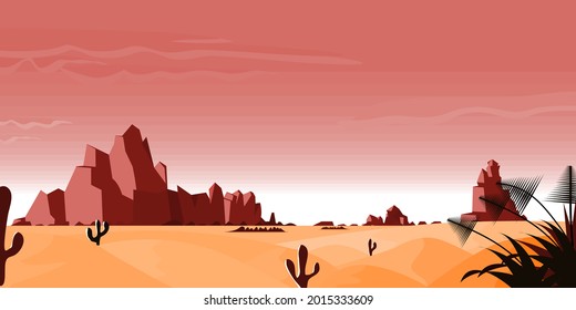 Beautiful western desert landscape with sky rocks. Cactus plants and rocks on the sands. A clam desert. Summer western American landscape vector illustration.