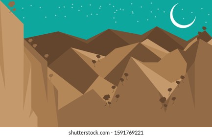 Beautiful western high mountains and hills landscape with night sky in background. Vector illustration.