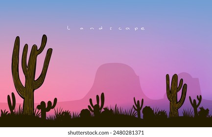 Beautiful western landscape of  desert with cactus plants, hill, mountain vector illustration background. Suitable design for cards, print, banner, cover, art print, poster.