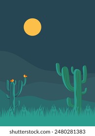 Beautiful western landscape of  desert with cactus plants, hill, mountain vector illustration background. Suitable design for cards, print, banner, cover, art print, poster.