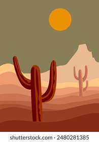 Hermoso paisaje occidental de desierto con plantas de cactus, colina, fondo de Ilustración vectorial montañosa. Diseño adecuado para tarjetas, impresión, Anuncio, cubierta, impresión de arte, póster.