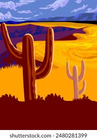 Beautiful western landscape of  desert with cactus plants, hill, mountain vector illustration background. Suitable design for cards, print, banner, cover, art print, poster.