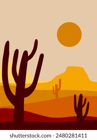 Beautiful western landscape of  desert with cactus plants, hill, mountain vector illustration background. Suitable design for cards, print, banner, cover, art print, poster.