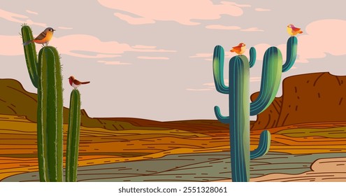 Beautiful western landscape of desert with cactus plants, hill, mountain vector illustration. Design for poster, cards, art print, banner and background.