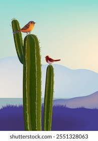 Beautiful western landscape of desert with cactus plants, hill, mountain vector illustration. Design for poster, cards, art print, banner and background.