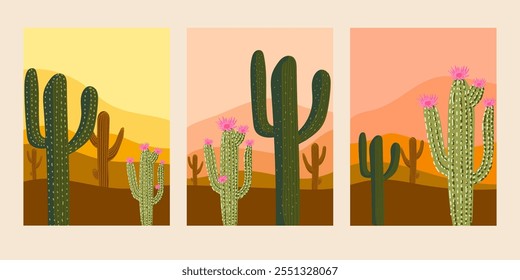 Beautiful western landscape of desert with cactus plants, hill, mountain vector illustration. Design for poster, cards, art print, banner and background.