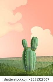 Beautiful western landscape of desert with cactus plants, hill, mountain vector illustration. Design for poster, cards, art print, banner and background.