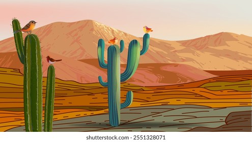 Beautiful western landscape of desert with cactus plants, hill, mountain vector illustration. Design for poster, cards, art print, banner and background.