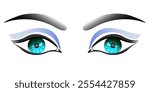 Beautiful wet blue green eyes close-up. Design of blue slit eyes on white isolated background. Female eye with eyebrows. Vector illustration.  Salon. Cabinet. Studio. Printing house. Brand.