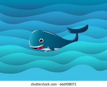 beautiful whale. vector illustration of the sea. cartoon paper art style