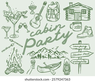 Beautiful whimsical hand drawn style Cabin Party illustration set, vector element collection