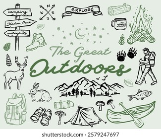 Beautiful whimsical hand drawn style The Great Outdoorsillustration set, vector element collection