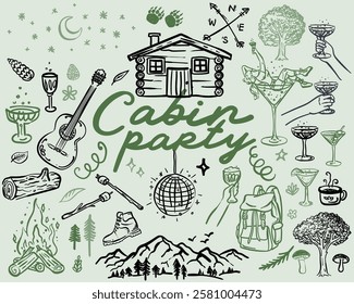 Beautiful whimsical hand drawn style Cabin Party illustration set, vector element collection