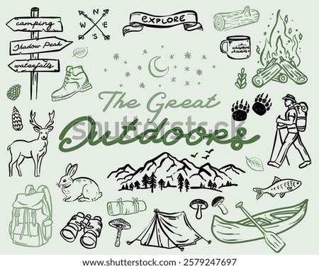 Beautiful whimsical hand drawn style The Great Outdoorsillustration set, vector element collection