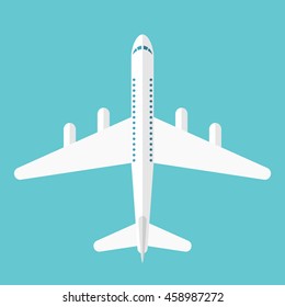 Beautiful white airplane isolated on blue, top view. Flat style. Transportation, flight and travel concept. EPS 8 vector illustration, no transparency