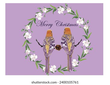 Beautiful white alstroemeria wreath with a pair of tanagers in love saying Christmas wishes to you