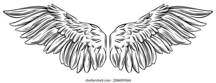 Beautiful white angel spreaded wings, symbol of freedom, hand drawn monochrome vector illustration