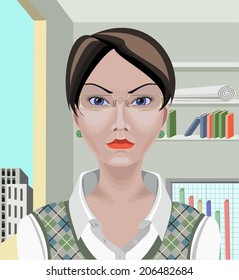 Beautiful white Asian business woman with short black hair,  blue eyes and serious appearance. Drawn with path tool