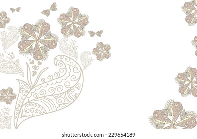 beautiful white background with beige abstract flowers and butterflies vector