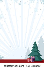 Beautiful white background for a greeting message or greeting card. Below is a Christmas tree with gifts. Snowflakes falling with snow. Plenty of room for text.
