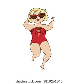 Beautiful white blonde plus size fat woman in swimsuit and red sunglasses. Concept body positive. Isolated flat vector illustration.