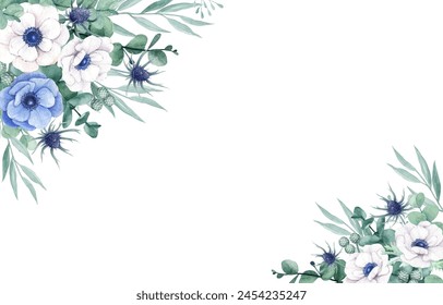 Beautiful white and blue anemone flower with eucalyptus leaves