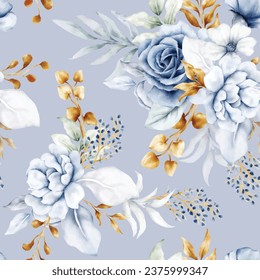 beautiful white blue and gold floral seamless pattern