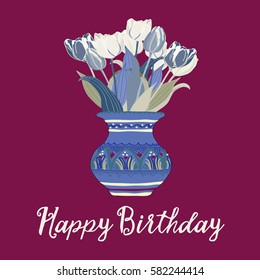 Beautiful white and blue tulips in spanish style vase. Vector illustration on red wine color background. Happy Birthday