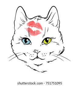 Beautiful white cat face with different eyes color kissed in forehead. Hand drawn logo or print design isolated vector illustration.