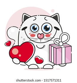 Beautiful White Cat, Great Design For Any Purposes. Black White Illustration. Cute Vector Illustration. Isolated Vector. White Background.