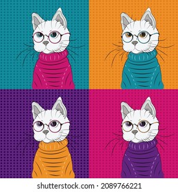 Beautiful white cat in pop art style. 