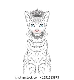 Beautiful white cat princess in diadem and necklace. Vector hand drawn realistic cat illustration.