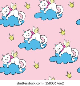 Beautiful white cat unicorn girl lies on a cloud on a pink background seamless pattern for children