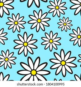 Beautiful white chamomile flowers isolated on a blue background. Cute floral seamless pattern. Vector flat linear graphic hand drawn illustration. Texture.