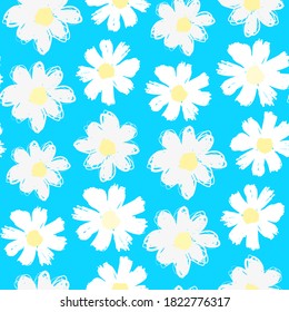 Beautiful white chamomile flowers isolated on blue background. Cute seamless pattern. Ink colored drawing. Vector flat graphic hand drawn illustration. Texture.