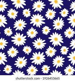 Beautiful white chamomile flowers isolated on blue background. Cute floral seamless pattern. Vector flat graphic illustration. Texture.