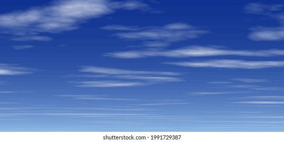 Beautiful white clouds in the blue sky. Cloudscape. Realistic background of light blue sky clouds. Wide vector illustration