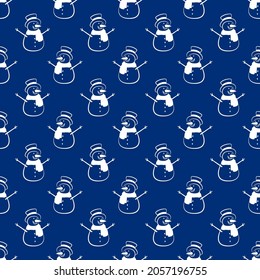 Beautiful white contour linear snowmen isolated on a dark blue background. Cute festive new year seamless pattern. Vector simple flat graphic hand drawn illustration. Texture.