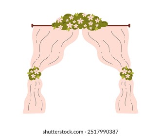 Beautiful white curtains with flowers bouquet. Wedding ceremony altar with draped arch and chamomile blossom. Vector flat illustration isolated. Romantic elegant floral design for festive interior