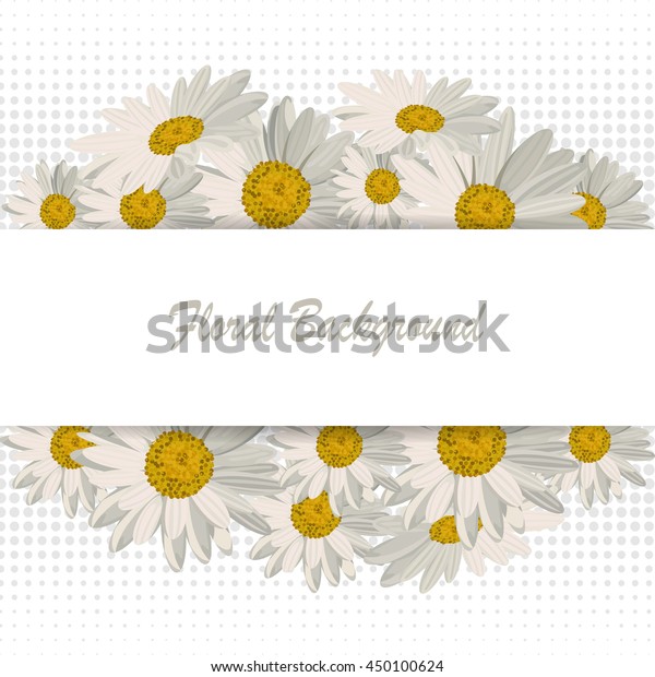 Beautiful white daisies on white\
background with dots. Banner for your text. Vector\
illustration.