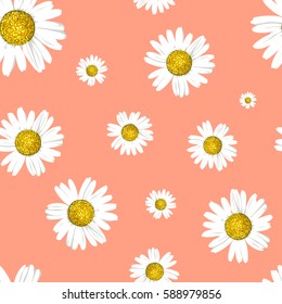 Beautiful white daisies on a bright background. Vector seamless pattern