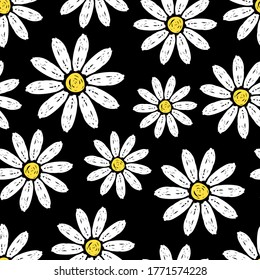 Beautiful white daisy flowers isolated on black background. Cute childish seamless pattern. Hand drawn vector flat graphic illustration. Texture.