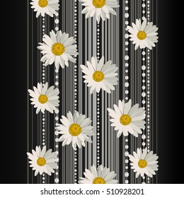 Beautiful white daisy flowers on dark background with stripes and pearls.