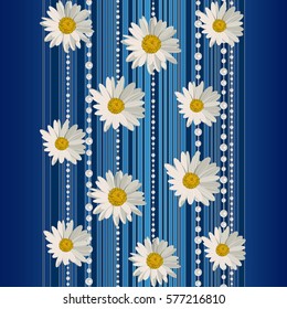 Beautiful white daisy flowers on blue background with stripes and pearls.