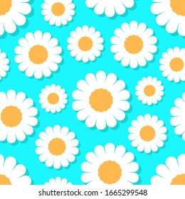 Beautiful white daisy flowers with shadow isolated on a bluish background. Seamless pattern. Vector graphic drawing. Texture.
