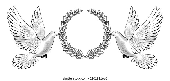 Beautiful white doves carrying a laurel wreath. Reward Symbol.Vintage engraving stylized drawing. Vector illustration