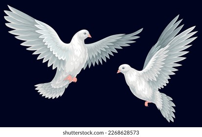 Beautiful white doves. Poster with two birds symbolizing peace and kindness. Design element for card, invitation and social network. Cartoon realistic vector illustration isolated on black background